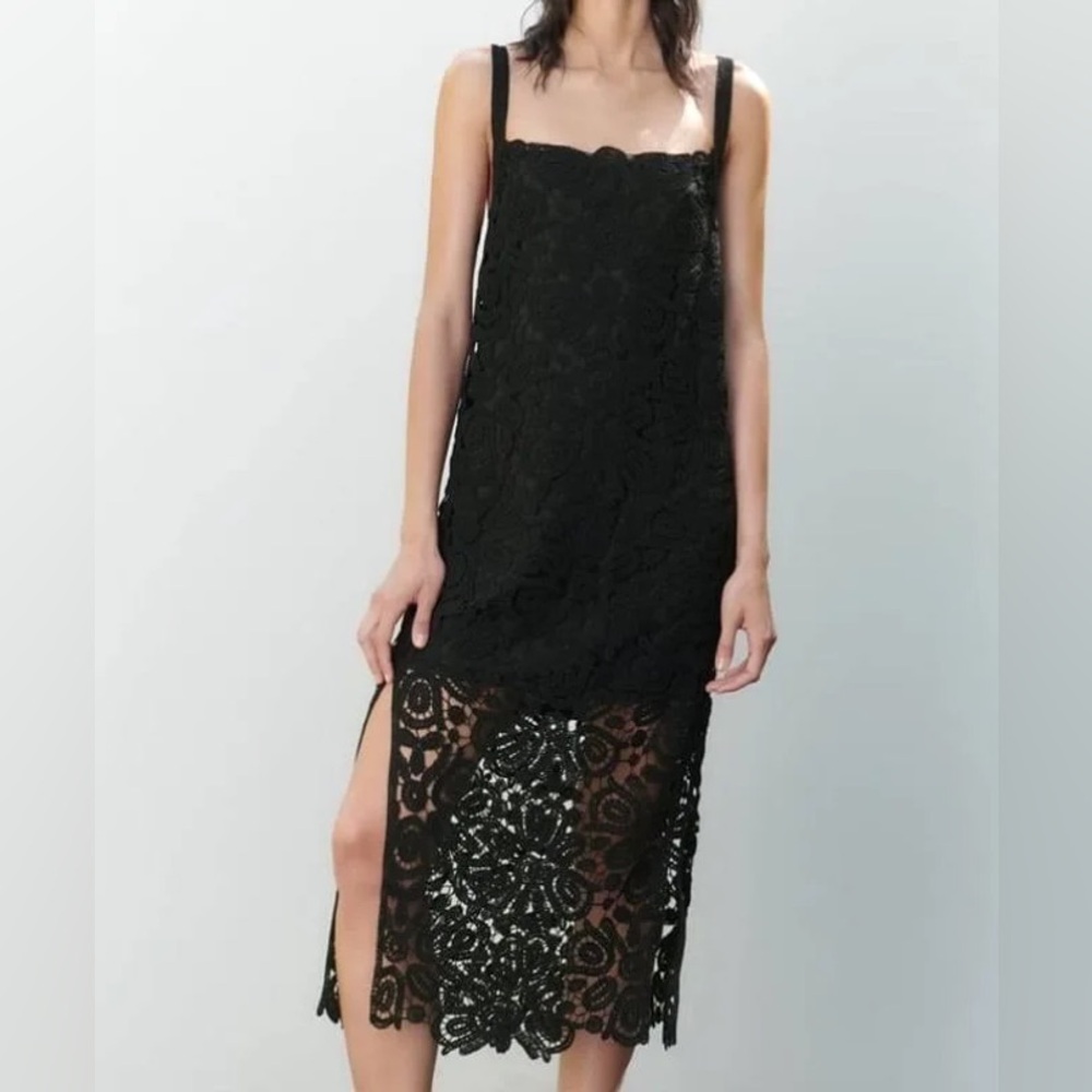 ⭐️NEW⭐️ Zara Black Macrame Crochet Knit Dress Size S
